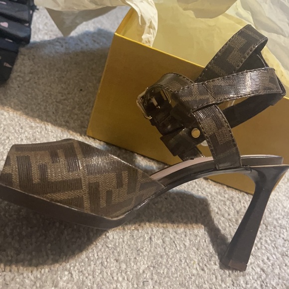 Authentic Fendi Logo  embossed canvas high heel sandals